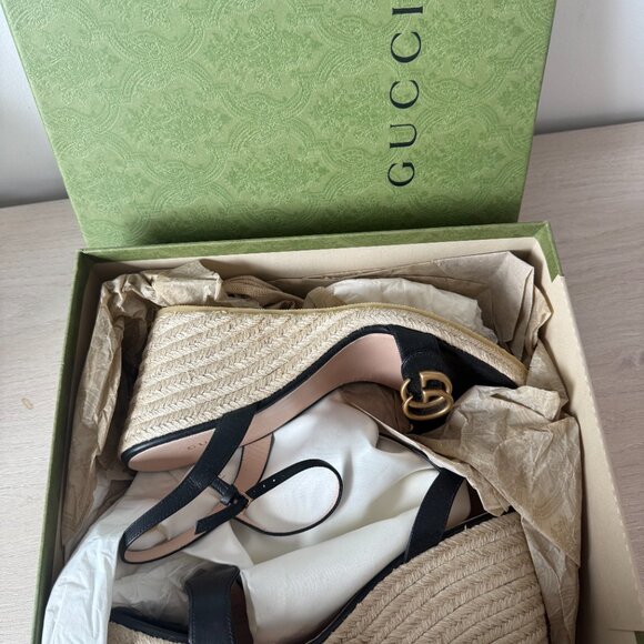 NWT Gucci 85mm GG Platform Espadrilles Sandal Beige Jute Wedge Black Leather - Picture 5 of 12